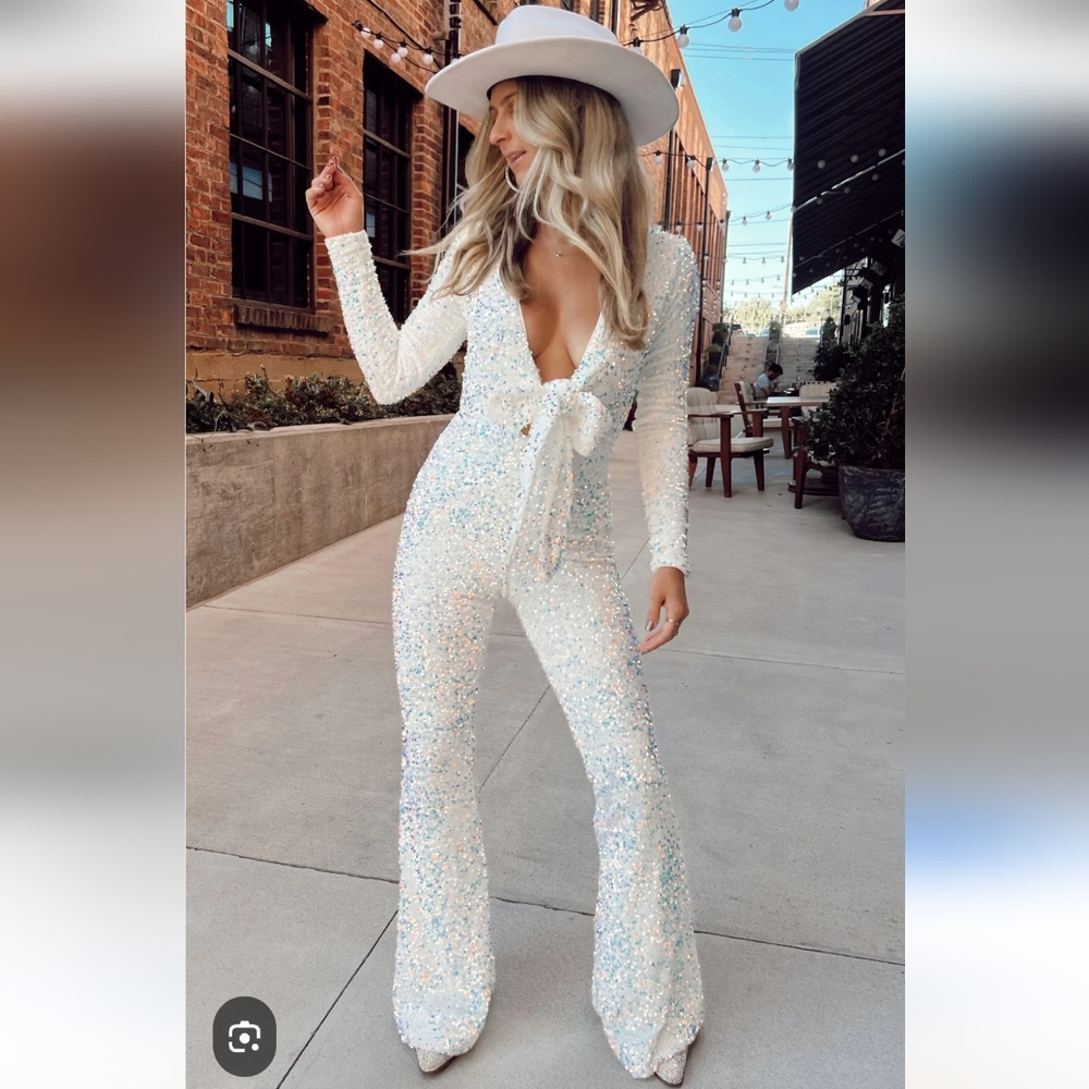 Show Me Your MuMu White Sequin Deep-V Jumpsuit